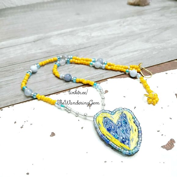 Hand Embroidered Beaded Heart Pendant Necklace, Yellow & Blue, OOAK Artisan - Picture 2 of 5
